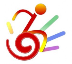 Il logo del Gruppo Jump LGBT, una sedia a rotelle stilizzata con i colori dell'arcobaleno. 