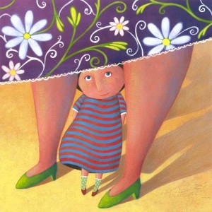 Disegno di una bambina sovrastata dalle gambe e dalla gonna della madre. lmmagine di Carlotta Montagna, vincitrice di un premio che fa parte di un concorso d'illustrazione contemporanea dell'Associazione Culturale Tapirulan.
