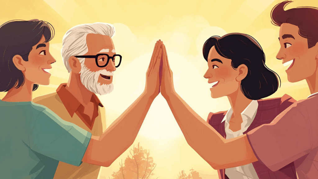 Una coppia di persone anziane danno il cinque a due giovani